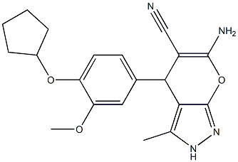 6-amino-4-[4-(cyclopentyloxy)-3-methoxyphenyl]-3-methyl-2,4-dihydropyrano[2,3-c]pyrazole-5-carbonitrile Struktur