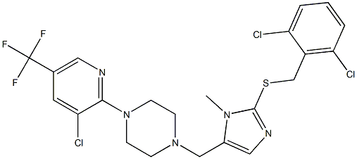 1-[3-chloro-5-(trifluoromethyl)-2-pyridinyl]-4-({2-[(2,6-dichlorobenzyl)sulfanyl]-1-methyl-1H-imidazol-5-yl}methyl)piperazine Struktur