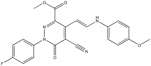 methyl 5-cyano-1-(4-fluorophenyl)-4-[(E)-2-(4-methoxyanilino)ethenyl]-6-oxo-1,6-dihydro-3-pyridazinecarboxylate Struktur