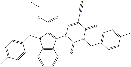 ethyl 3-[5-cyano-3-(4-methylbenzyl)-2,4-dioxo-3,4-dihydro-1(2H)-pyrimidinyl]-1-(4-methylbenzyl)-1H-indole-2-carboxylate Struktur