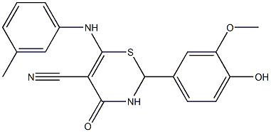 2-(4-hydroxy-3-methoxyphenyl)-4-oxo-6-(3-toluidino)-3,4-dihydro-2H-1,3-thiazine-5-carbonitrile Struktur