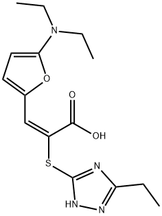 2-Propenoic  acid,  3-[5-(diethylamino)-2-furanyl]-2-[(3-ethyl-1H-1,2,4-triazol-5-yl)thio]-,  (2E)- Struktur