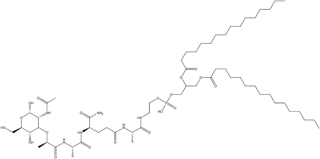 2-[[(2S)-2-[[(4R)-4-[[(2S)-2-[[(2R)-2-[(2S,3R,4R,5S,6R)-3-acetamido-2,5-dihydroxy-6-(hydroxymethyl)oxan-4-yl]oxypropanoyl]amino]propanoyl]amino]-4-carbamoyl-butanoyl]amino]propanoyl]amino]ethoxy-(2,3-dihexadecanoyloxypropoxy)phosphinic acid Struktur