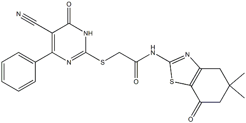 2-[(5-cyano-6-oxo-4-phenyl-1,6-dihydro-2-pyrimidinyl)sulfanyl]-N-(5,5-dimethyl-7-oxo-4,5,6,7-tetrahydro-1,3-benzothiazol-2-yl)acetamide Struktur