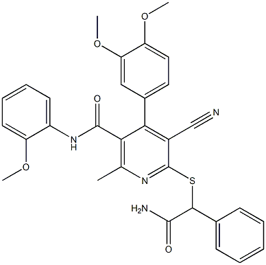 6-[(2-amino-2-oxo-1-phenylethyl)sulfanyl]-5-cyano-4-(3,4-dimethoxyphenyl)-N-(2-methoxyphenyl)-2-methylnicotinamide Struktur