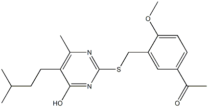 1-(3-{[(4-hydroxy-5-isopentyl-6-methyl-2-pyrimidinyl)sulfanyl]methyl}-4-methoxyphenyl)ethanone Struktur