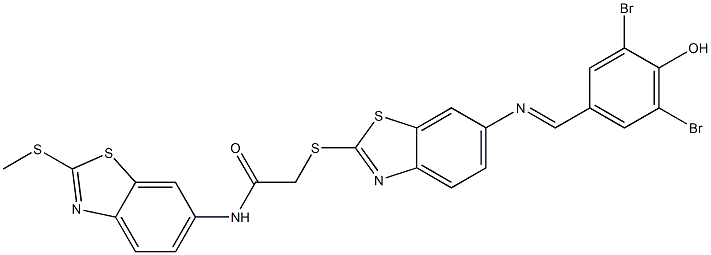 2-({6-[(3,5-dibromo-4-hydroxybenzylidene)amino]-1,3-benzothiazol-2-yl}sulfanyl)-N-[2-(methylsulfanyl)-1,3-benzothiazol-6-yl]acetamide Struktur