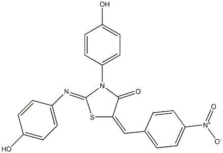 5-{4-nitrobenzylidene}-3-(4-hydroxyphenyl)-2-[(4-hydroxyphenyl)imino]-1,3-thiazolidin-4-one Struktur