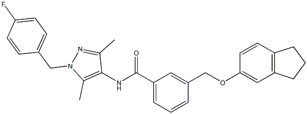 3-[(2,3-dihydro-1H-inden-5-yloxy)methyl]-N-[1-(4-fluorobenzyl)-3,5-dimethyl-1H-pyrazol-4-yl]benzamide Struktur