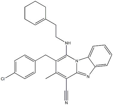 2-(4-chlorobenzyl)-1-{[2-(1-cyclohexen-1-yl)ethyl]amino}-3-methylpyrido[1,2-a]benzimidazole-4-carbonitrile Struktur