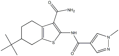 N-[3-(aminocarbonyl)-6-tert-butyl-4,5,6,7-tetrahydro-1-benzothien-2-yl]-1-methyl-1H-pyrazole-4-carboxamide Struktur