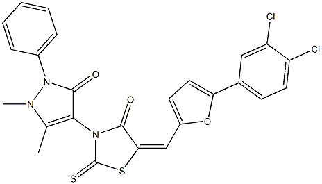 5-{[5-(3,4-dichlorophenyl)-2-furyl]methylene}-3-(1,5-dimethyl-3-oxo-2-phenyl-2,3-dihydro-1H-pyrazol-4-yl)-2-thioxo-1,3-thiazolidin-4-one Struktur