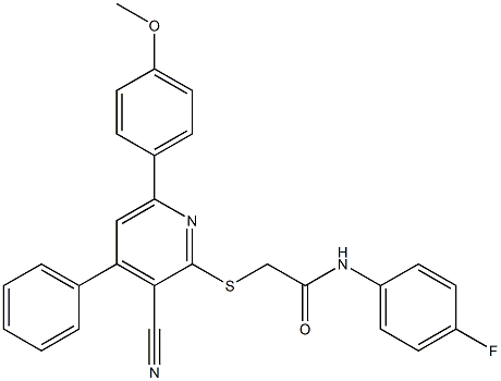 2-{[3-cyano-6-(4-methoxyphenyl)-4-phenyl-2-pyridinyl]sulfanyl}-N-(4-fluorophenyl)acetamide Struktur