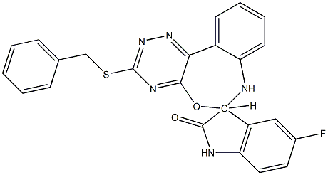 5-fluoro-3'-(benzylsulfanyl)-1,3,6',7'-tetrahydrospiro[2H-indole-3,6'-[1,2,4]triazino[5,6-d][3,1]benzoxazepine]-2-one Struktur