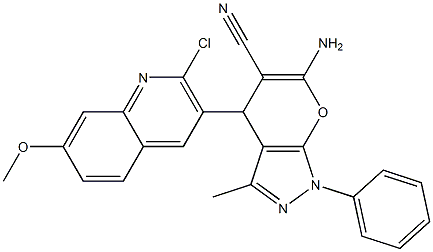 6-amino-4-(2-chloro-7-methoxy-3-quinolinyl)-3-methyl-1-phenyl-1,4-dihydropyrano[2,3-c]pyrazole-5-carbonitrile Struktur