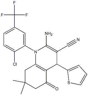 2-amino-1-[2-chloro-5-(trifluoromethyl)phenyl]-7,7-dimethyl-5-oxo-4-(2-thienyl)-1,4,5,6,7,8-hexahydro-3-quinolinecarbonitrile Struktur