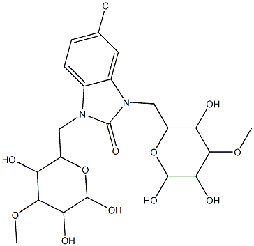 5-chloro-1,3-bis[(3,5,6-trihydroxy-4-methoxytetrahydro-2H-pyran-2-yl)methyl]-1,3-dihydro-2H-benzimidazol-2-one Struktur