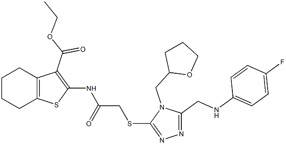 ethyl 2-[({[5-[(4-fluoroanilino)methyl]-4-(tetrahydro-2-furanylmethyl)-4H-1,2,4-triazol-3-yl]sulfanyl}acetyl)amino]-4,5,6,7-tetrahydro-1-benzothiophene-3-carboxylate Struktur