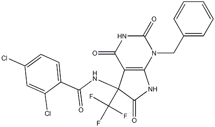 N-[1-benzyl-2,4,6-trioxo-5-(trifluoromethyl)-2,3,4,5,6,7-hexahydro-1H-pyrrolo[2,3-d]pyrimidin-5-yl]-2,4-dichlorobenzamide Struktur