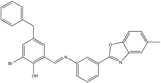 4-benzyl-2-bromo-6-({[3-(5-methyl-1,3-benzoxazol-2-yl)phenyl]imino}methyl)phenol Struktur