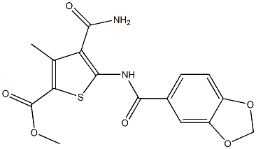 methyl 4-(aminocarbonyl)-5-[(1,3-benzodioxol-5-ylcarbonyl)amino]-3-methyl-2-thiophenecarboxylate Struktur