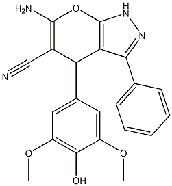 6-amino-4-(4-hydroxy-3,5-dimethoxyphenyl)-3-phenyl-1,4-dihydropyrano[2,3-c]pyrazole-5-carbonitrile Struktur