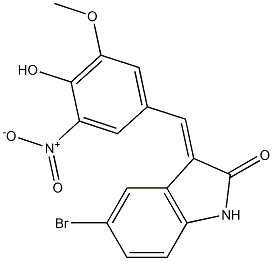 5-bromo-3-{4-hydroxy-3-nitro-5-methoxybenzylidene}-1,3-dihydro-2H-indol-2-one Struktur