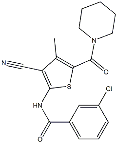 3-chloro-N-[3-cyano-4-methyl-5-(piperidin-1-ylcarbonyl)thien-2-yl]benzamide Struktur