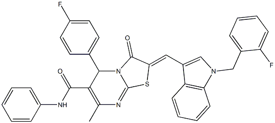 2-{[1-(2-fluorobenzyl)-1H-indol-3-yl]methylene}-5-(4-fluorophenyl)-7-methyl-3-oxo-N-phenyl-2,3-dihydro-5H-[1,3]thiazolo[3,2-a]pyrimidine-6-carboxamide Struktur