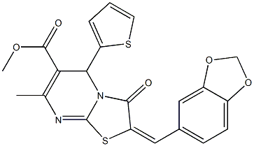 methyl 2-(1,3-benzodioxol-5-ylmethylene)-7-methyl-3-oxo-5-(2-thienyl)-2,3-dihydro-5H-[1,3]thiazolo[3,2-a]pyrimidine-6-carboxylate Struktur