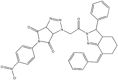 1-[2-(7-benzylidene-3-phenyl-3,3a,4,5,6,7-hexahydro-2H-indazol-2-yl)-2-oxoethyl]-5-{4-nitrophenyl}-3a,6a-dihydropyrrolo[3,4-d][1,2,3]triazole-4,6(1H,5H)-dione Struktur