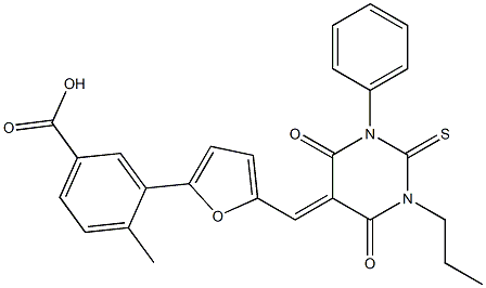 3-{5-[(4,6-dioxo-1-phenyl-3-propyl-2-thioxotetrahydropyrimidin-5(2H)-ylidene)methyl]-2-furyl}-4-methylbenzoic acid Struktur