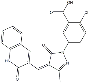 2-chloro-5-{3-methyl-5-oxo-4-[(2-oxo-1,2-dihydro-3-quinolinyl)methylene]-4,5-dihydro-1H-pyrazol-1-yl}benzoic acid Struktur