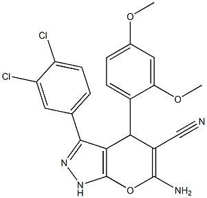 6-amino-3-(3,4-dichlorophenyl)-4-(2,4-dimethoxyphenyl)-1,4-dihydropyrano[2,3-c]pyrazole-5-carbonitrile Struktur