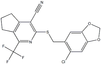 3-{[(6-chloro-1,3-benzodioxol-5-yl)methyl]sulfanyl}-1-(trifluoromethyl)-6,7-dihydro-5H-cyclopenta[c]pyridine-4-carbonitrile Struktur