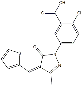 2-chloro-5-[3-methyl-5-oxo-4-(2-thienylmethylene)-4,5-dihydro-1H-pyrazol-1-yl]benzoic acid Struktur