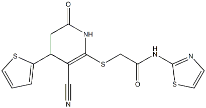 2-{[3-cyano-6-oxo-4-(2-thienyl)-1,4,5,6-tetrahydro-2-pyridinyl]sulfanyl}-N-(1,3-thiazol-2-yl)acetamide Struktur