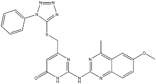 2-[(6-methoxy-4-methyl-2-quinazolinyl)amino]-6-{[(1-phenyl-1H-tetraazol-5-yl)thio]methyl}-4(3H)-pyrimidinone Struktur