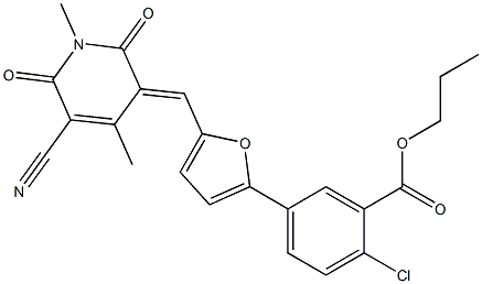 propyl 2-chloro-5-{5-[(5-cyano-1,4-dimethyl-2,6-dioxo-1,6-dihydro-3(2H)-pyridinylidene)methyl]-2-furyl}benzoate Struktur