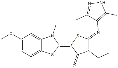 2-[(3,5-dimethyl-1H-pyrazol-4-yl)imino]-3-ethyl-5-(5-methoxy-3-methyl-1,3-benzothiazol-2(3H)-ylidene)-1,3-thiazolidin-4-one Struktur