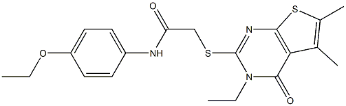 2-[(3-ethyl-5,6-dimethyl-4-oxo-3,4-dihydrothieno[2,3-d]pyrimidin-2-yl)sulfanyl]-N-[4-(ethyloxy)phenyl]acetamide Struktur