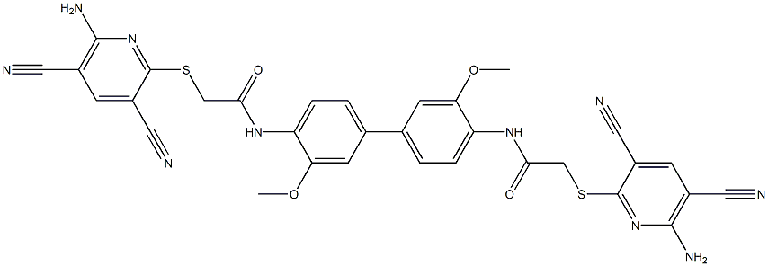 2-[(6-amino-3,5-dicyano-2-pyridinyl)sulfanyl]-N-[4'-({2-[(6-amino-3,5-dicyano-2-pyridinyl)sulfanyl]acetyl}amino)-3,3'-dimethoxy[1,1'-biphenyl]-4-yl]acetamide Struktur