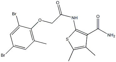 2-{[2-(2,4-dibromo-6-methylphenoxy)acetyl]amino}-4,5-dimethyl-3-thiophenecarboxamide Struktur