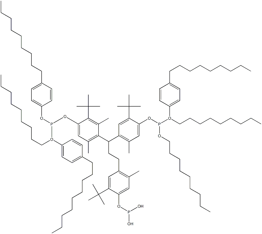 [3-Methyl-1,1,3-propanetriyltris(2-tert-butyl-5-methyl-4,1-phenyleneoxy)]tris(phosphonous acid)O,O',O''-trinonyl O,O',O''-tris(4-nonylphenyl) ester Struktur