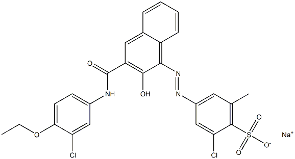 2-Chloro-6-methyl-4-[[3-[[(3-chloro-4-ethoxyphenyl)amino]carbonyl]-2-hydroxy-1-naphtyl]azo]benzenesulfonic acid sodium salt Struktur