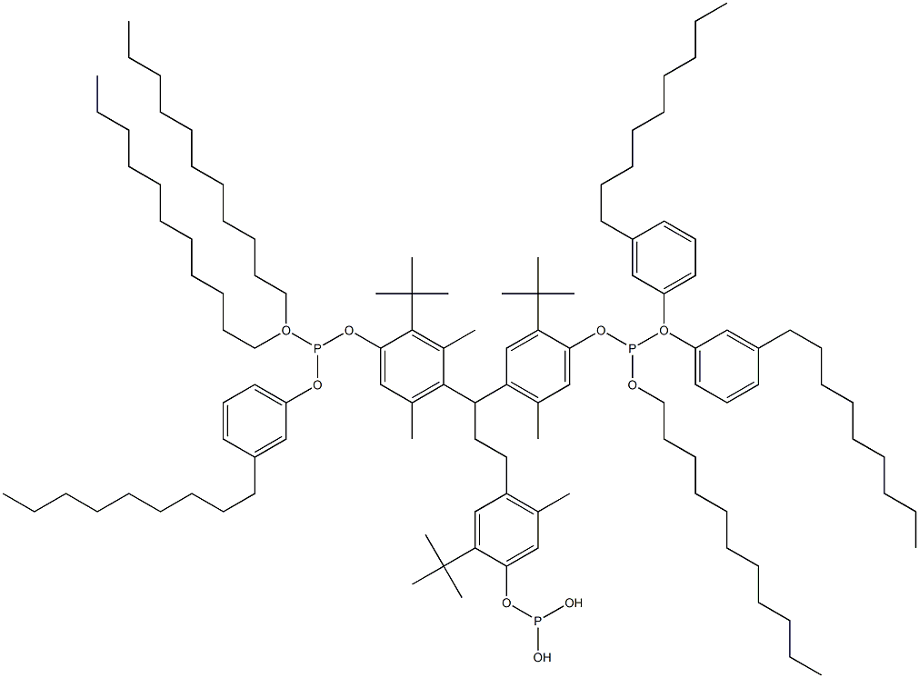 [3-Methyl-1,1,3-propanetriyltris(2-tert-butyl-5-methyl-4,1-phenyleneoxy)]tris(phosphonous acid)O,O',O'-triundecyl O,O'',O''-tris(3-nonylphenyl) ester Struktur