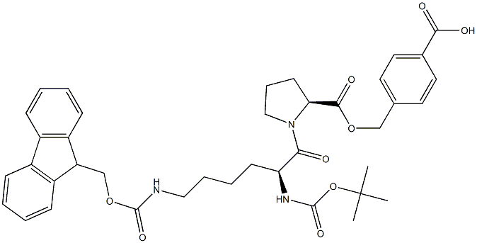 4-[[[N-[N2-(tert-Butoxycarbonyl)-N6-(9H-fluoren-9-ylmethoxycarbonyl)-L-lysyl]-L-prolyl]oxy]methyl]benzoic acid Struktur