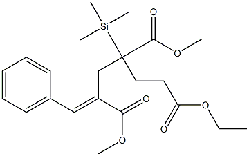 2-Benzylidene-4-methoxycarbonyl-4-(trimethylsilyl)heptanedioic acid 1-methyl 7-ethyl ester Struktur