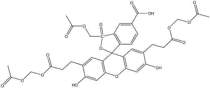 2,7-Bis[2-(acetoxymethoxycarbonyl)ethyl]-3,6-dihydroxy-3'-oxospiro[9H-xanthene-9,1'(3'H)-isobenzofuran]-5'-carboxylic acid acetoxymethyl ester Struktur