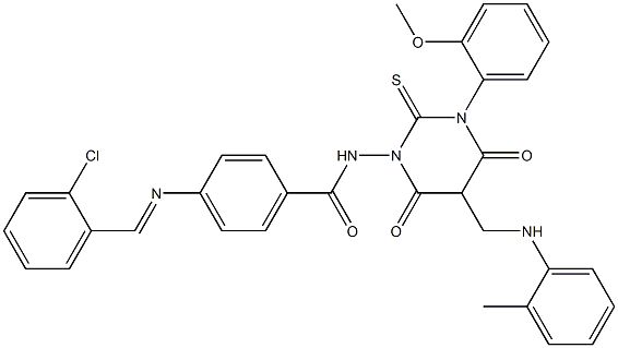 4-(2-Chlorobenzylideneamino)-N-[[hexahydro-4,6-dioxo-2-thioxo-3-(2-methoxyphenyl)-5-(2-methylphenylaminomethyl)pyrimidin]-1-yl]benzamide Struktur